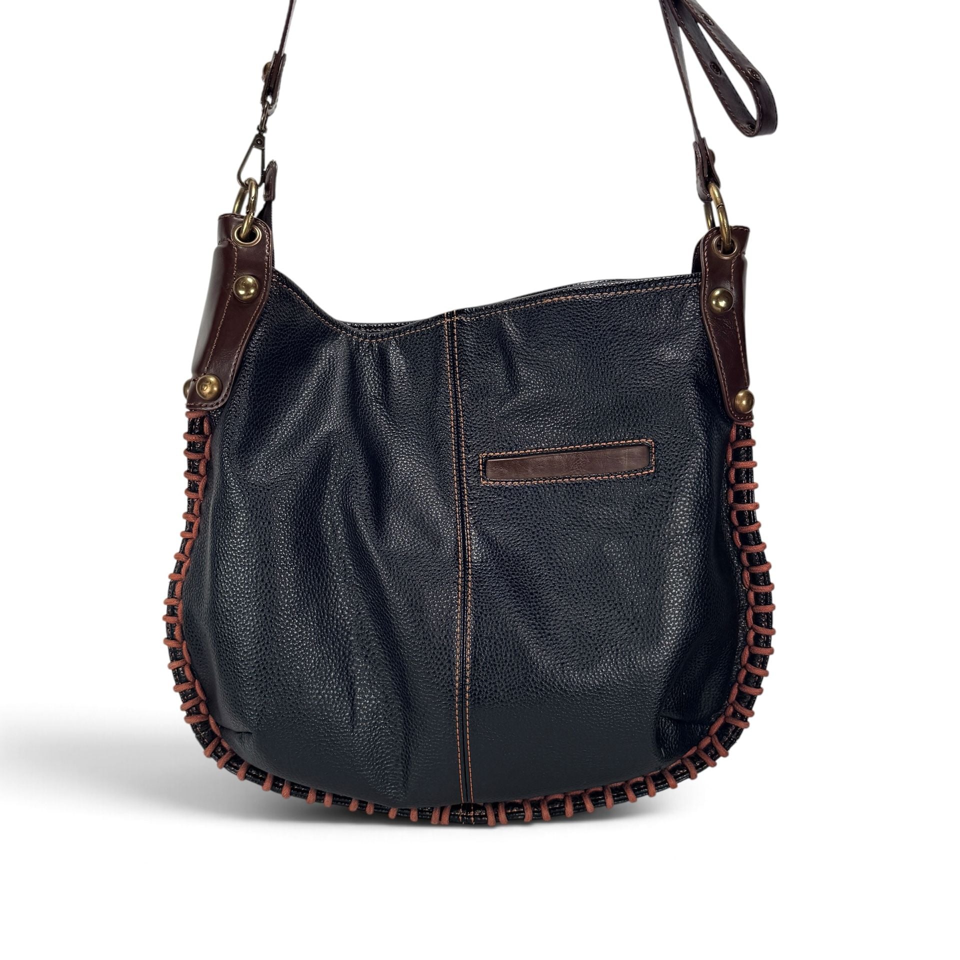 CHALA Corgi Shoulder Bag Black Leather Whipstitch Floral Boho 6