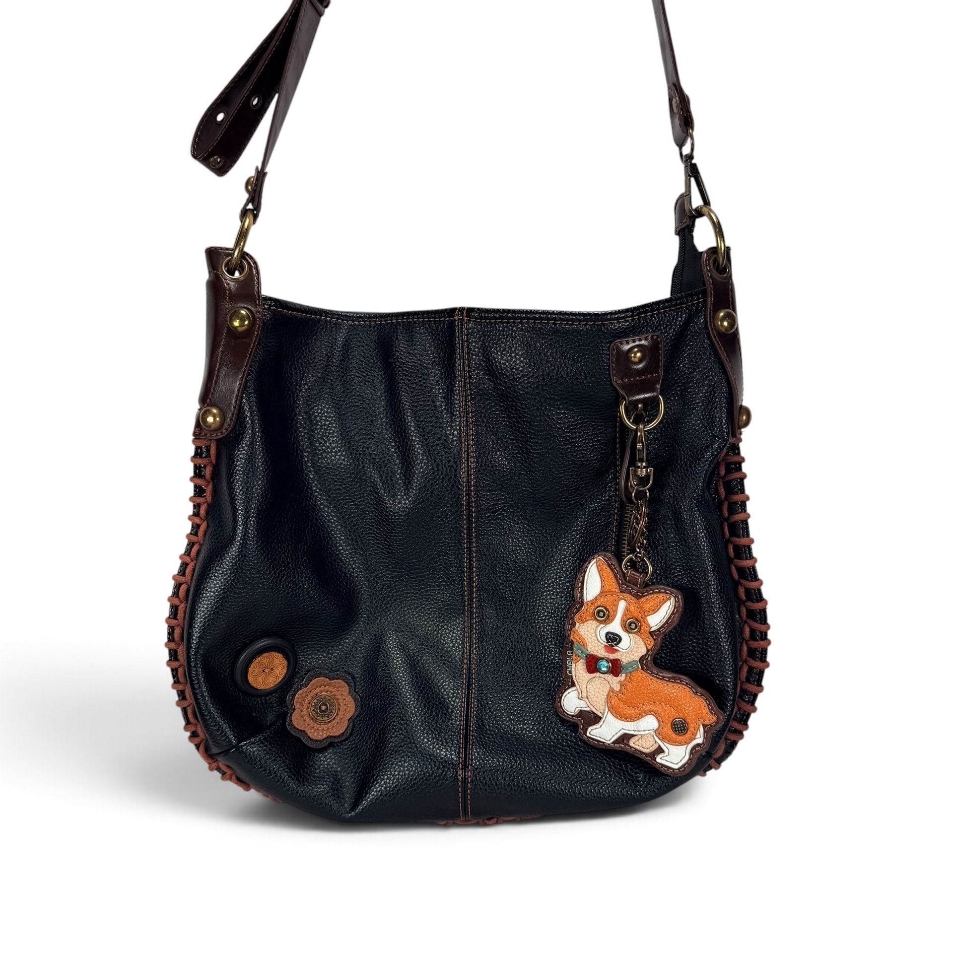 CHALA Corgi Shoulder Bag Black Leather Whipstitch Floral Boho 7