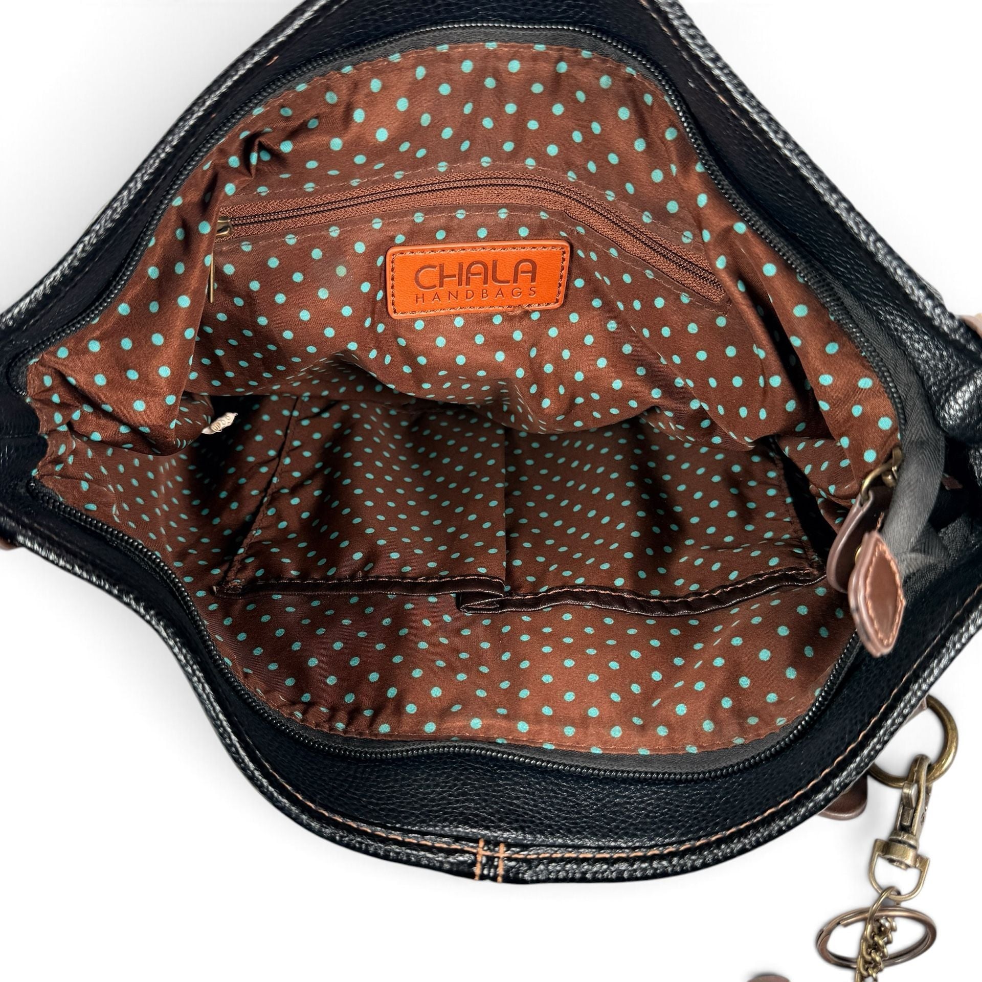 CHALA Corgi Shoulder Bag Black Leather Whipstitch Floral Boho 8