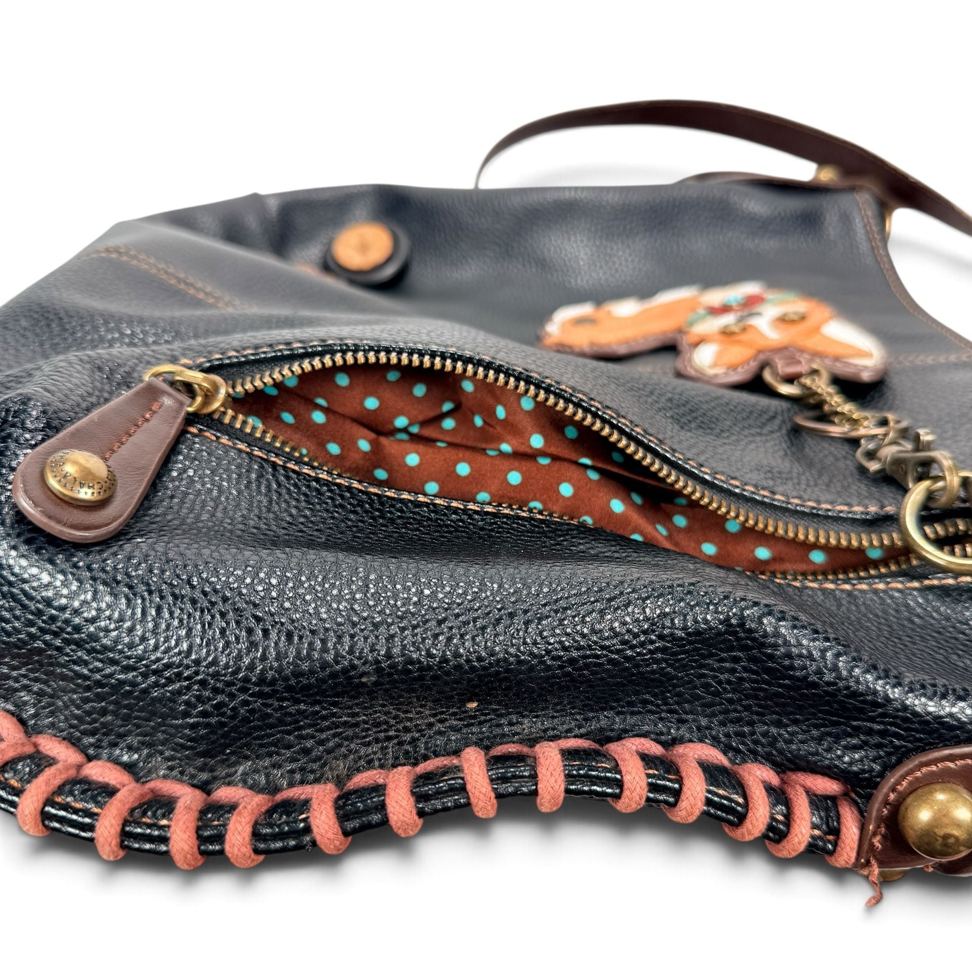 CHALA Corgi Shoulder Bag Black Leather Whipstitch Floral Boho 10