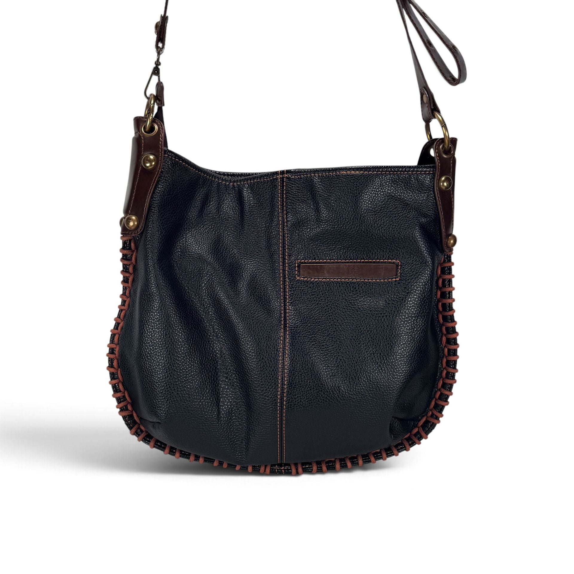 CHALA Corgi Shoulder Bag Black Leather Whipstitch Floral Boho 12