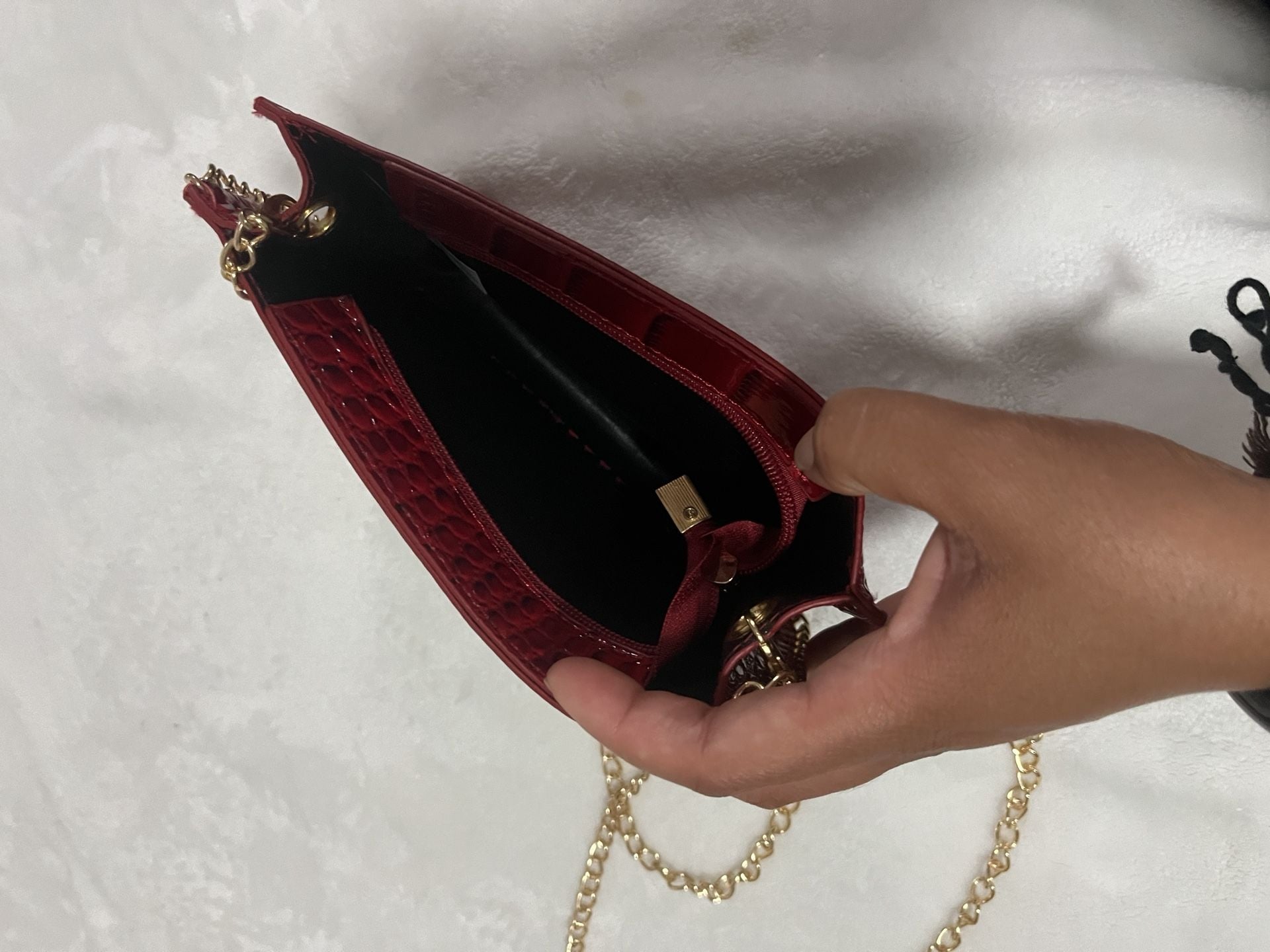 Red Faux Crocodile Embossed Crossbody Bag with Gold Chain 4