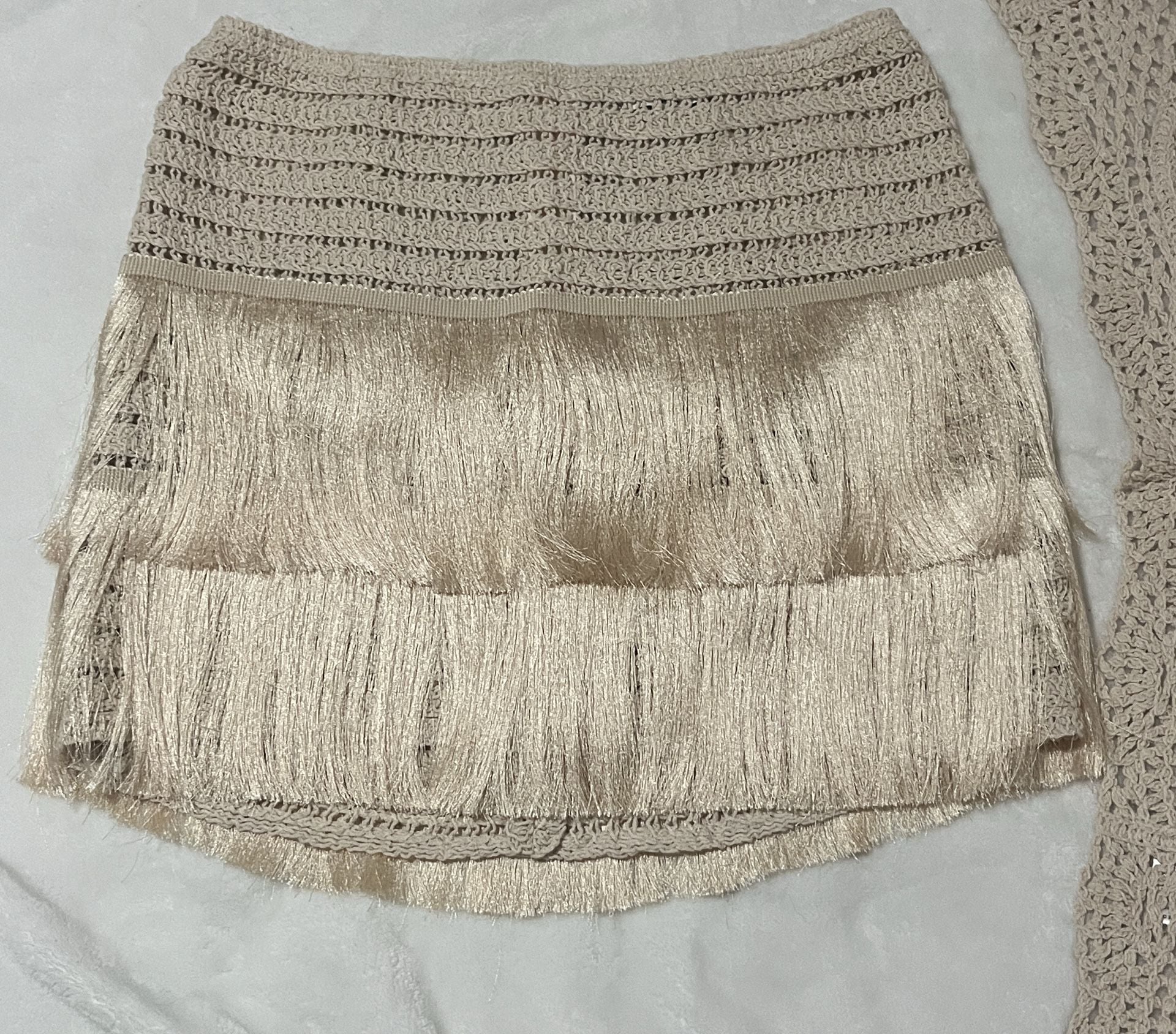 Fashion Nova Crochet Fringe Top & Skirt Set L Beige 2