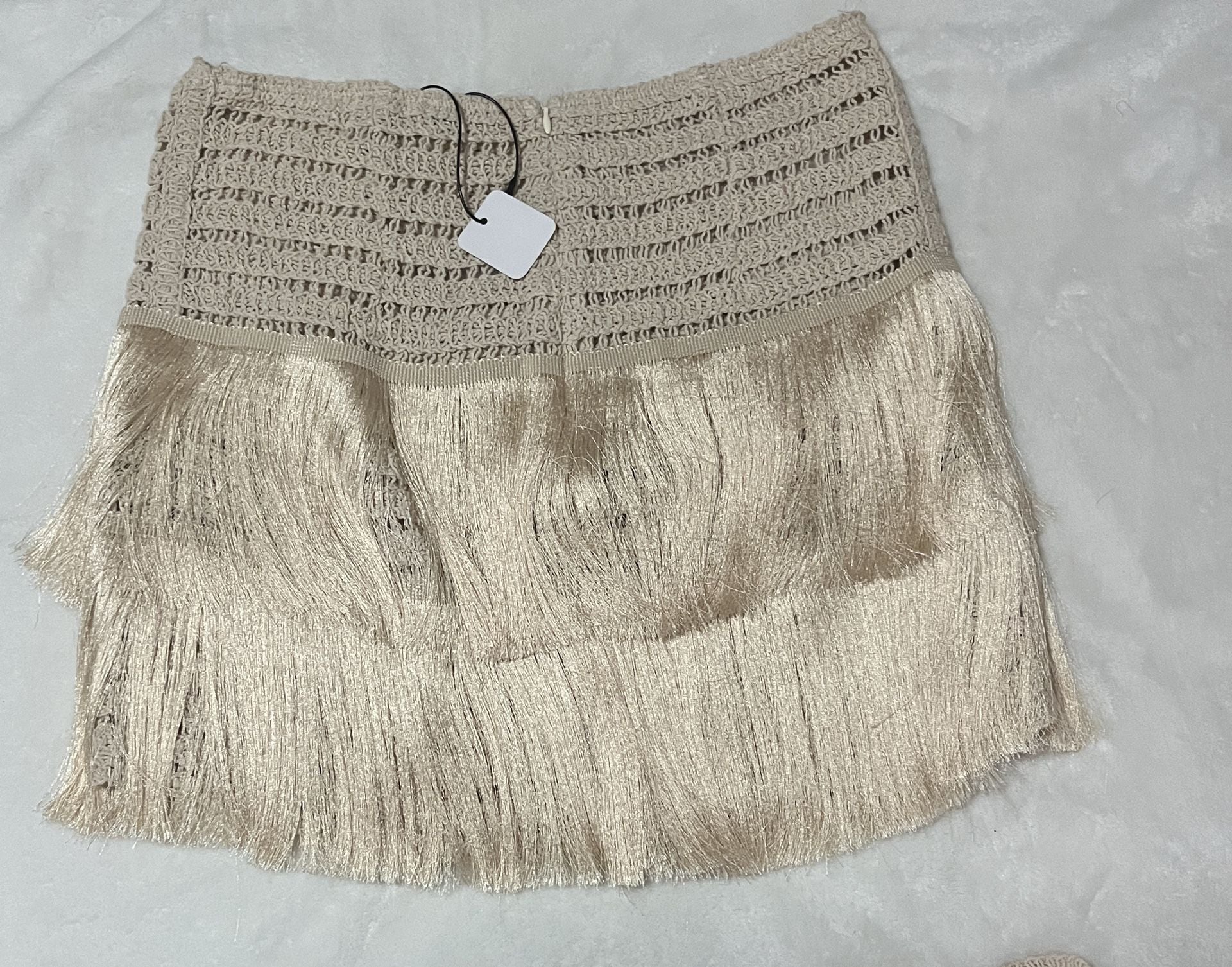 Fashion Nova Crochet Fringe Top & Skirt Set L Beige 3