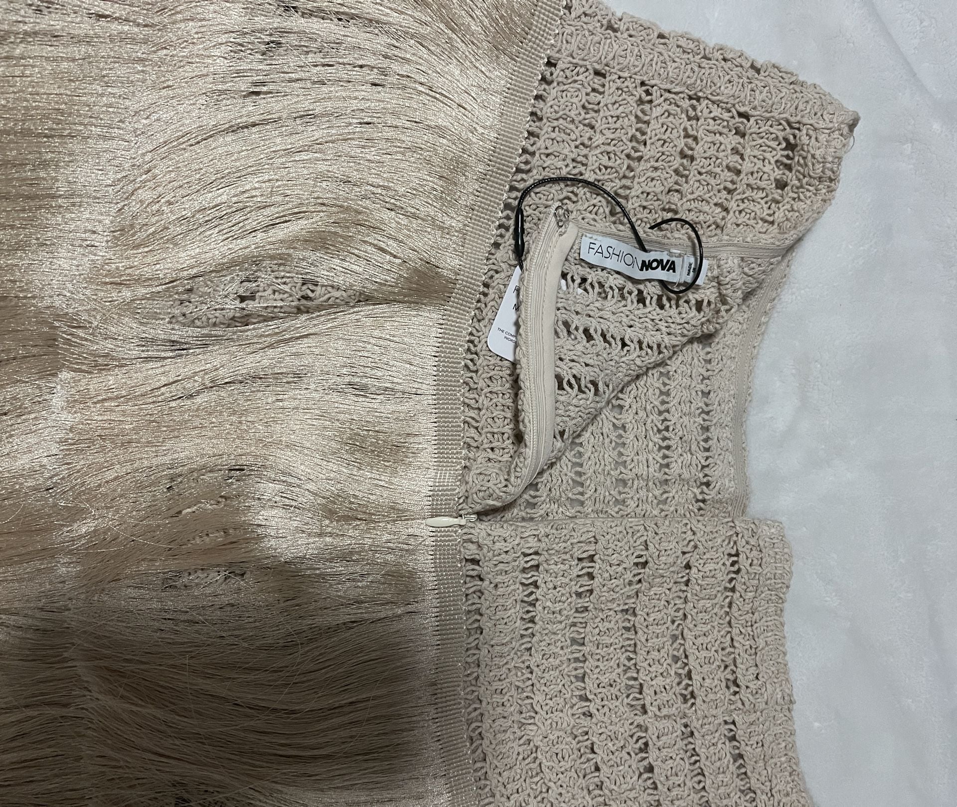Fashion Nova Crochet Fringe Top & Skirt Set L Beige 4
