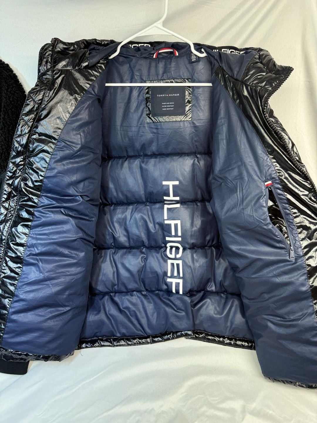 Tommy Hilfiger Puffer Jacket Size XXL Black Shiny Hooded Coat 5