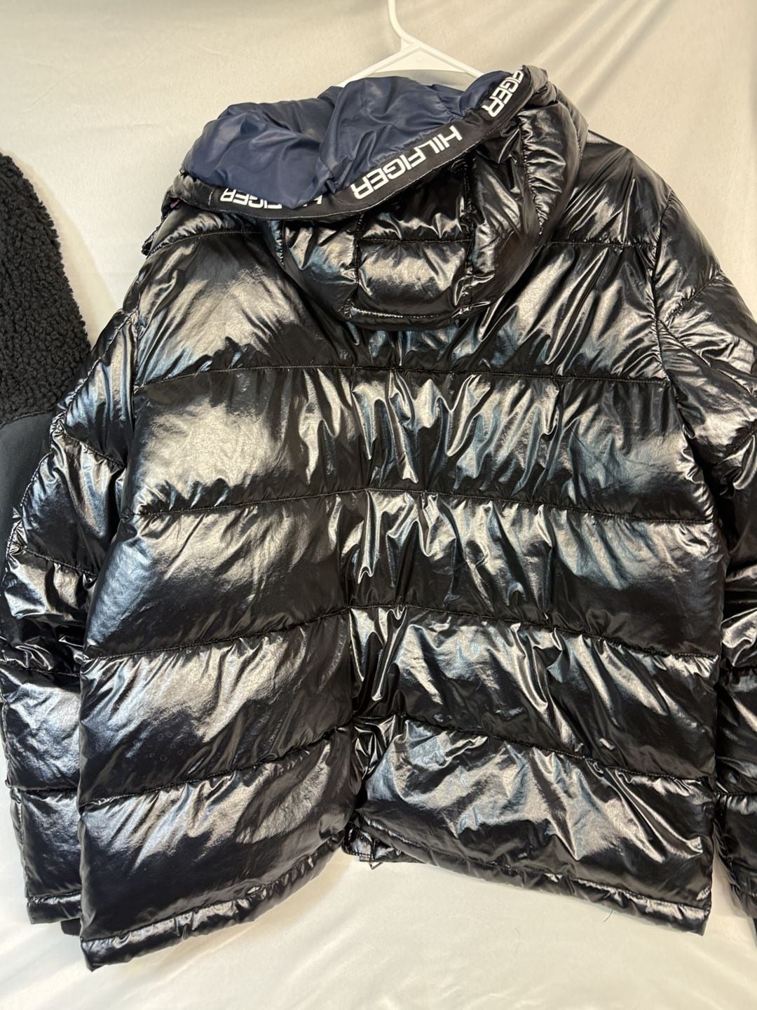 Tommy Hilfiger Puffer Jacket Size XXL Black Shiny Hooded Coat 6