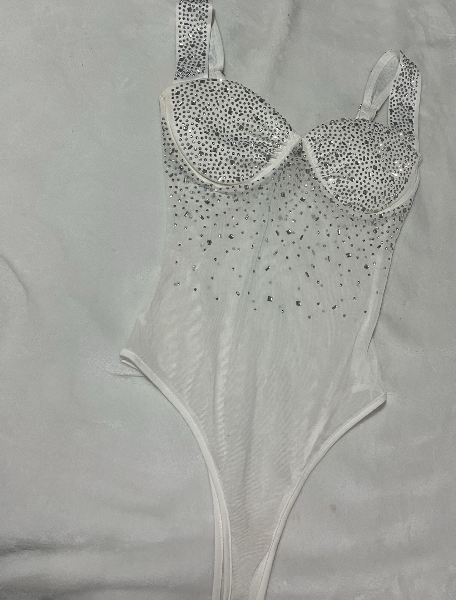 White Rhinestone Embellished Mesh Corset Bodysuit 2