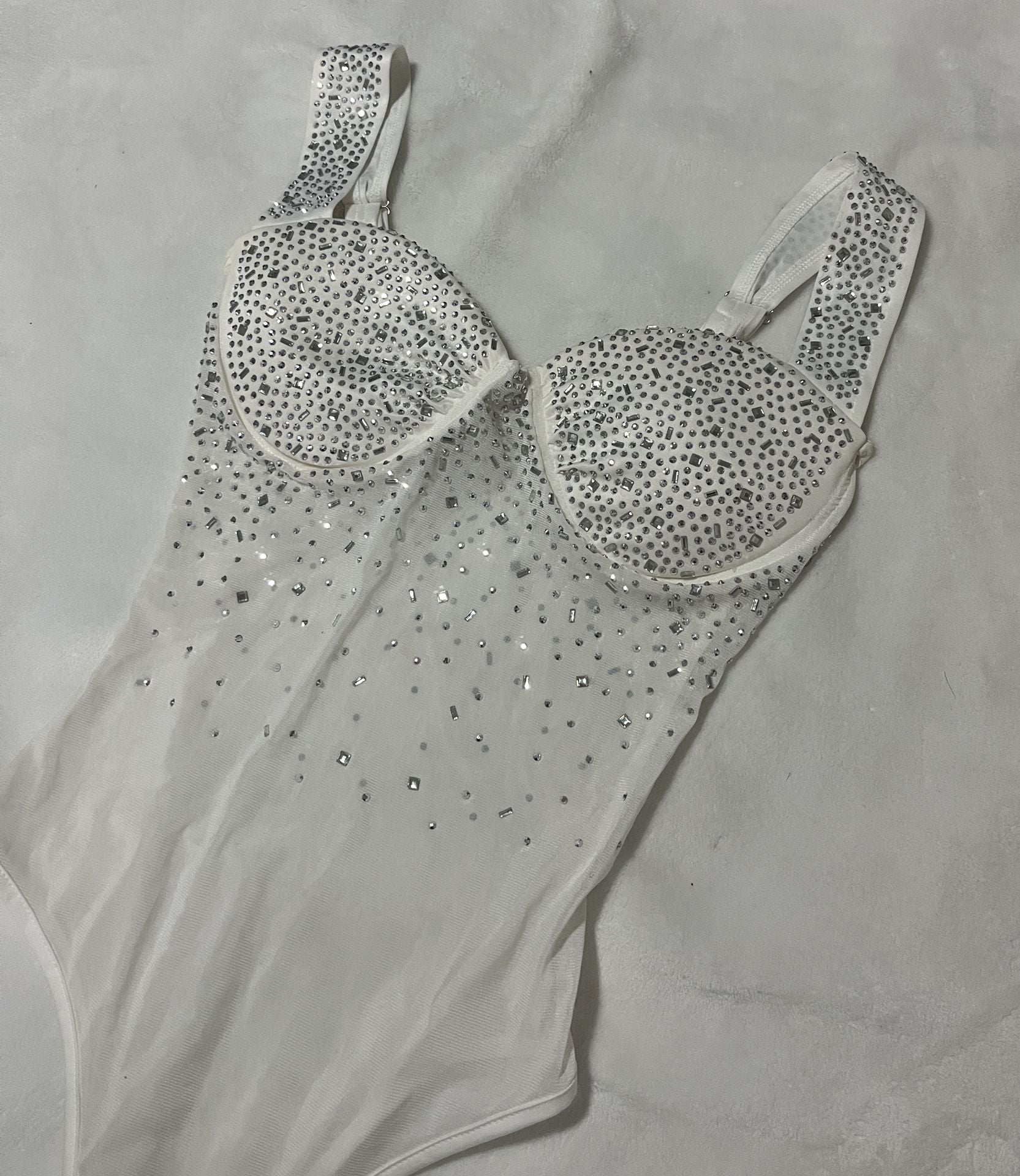White Rhinestone Embellished Mesh Corset Bodysuit 3