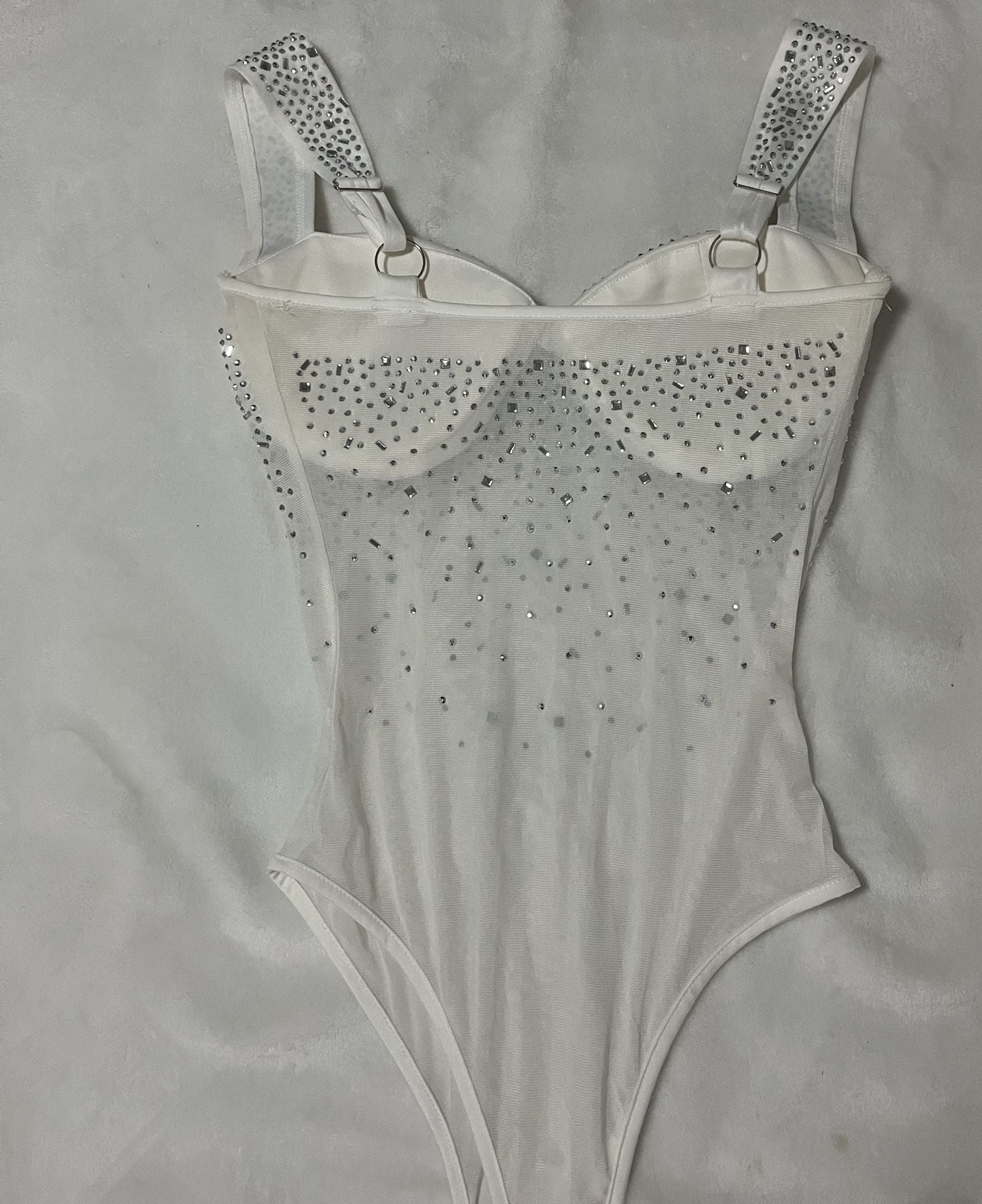 White Rhinestone Embellished Mesh Corset Bodysuit 5