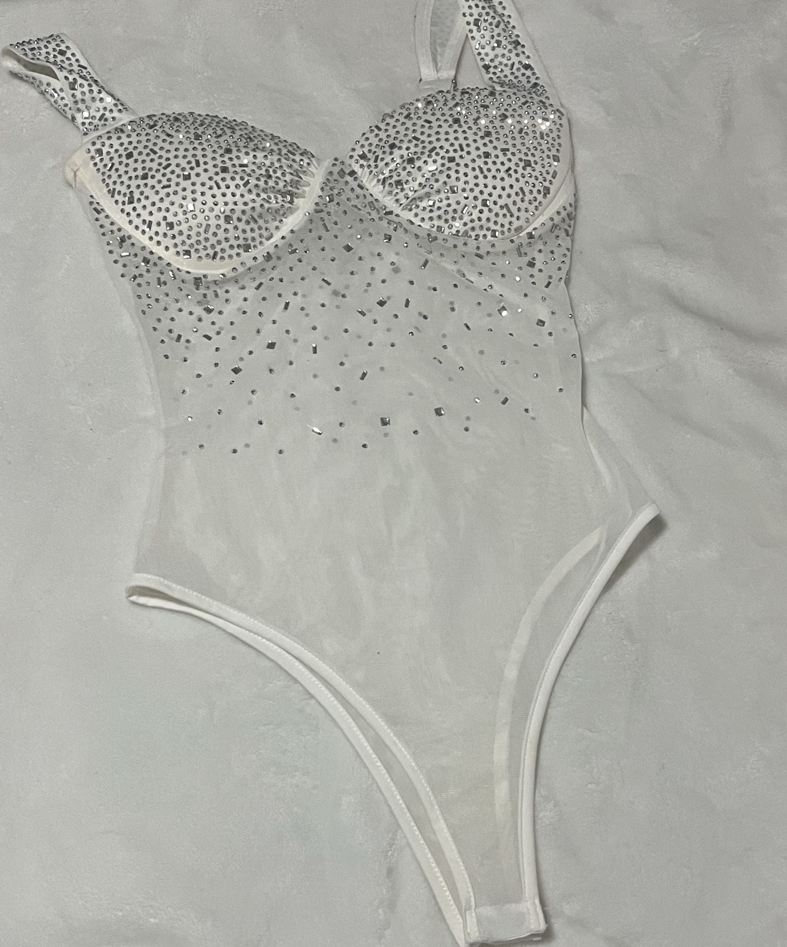 White Rhinestone Embellished Mesh Corset Bodysuit 6