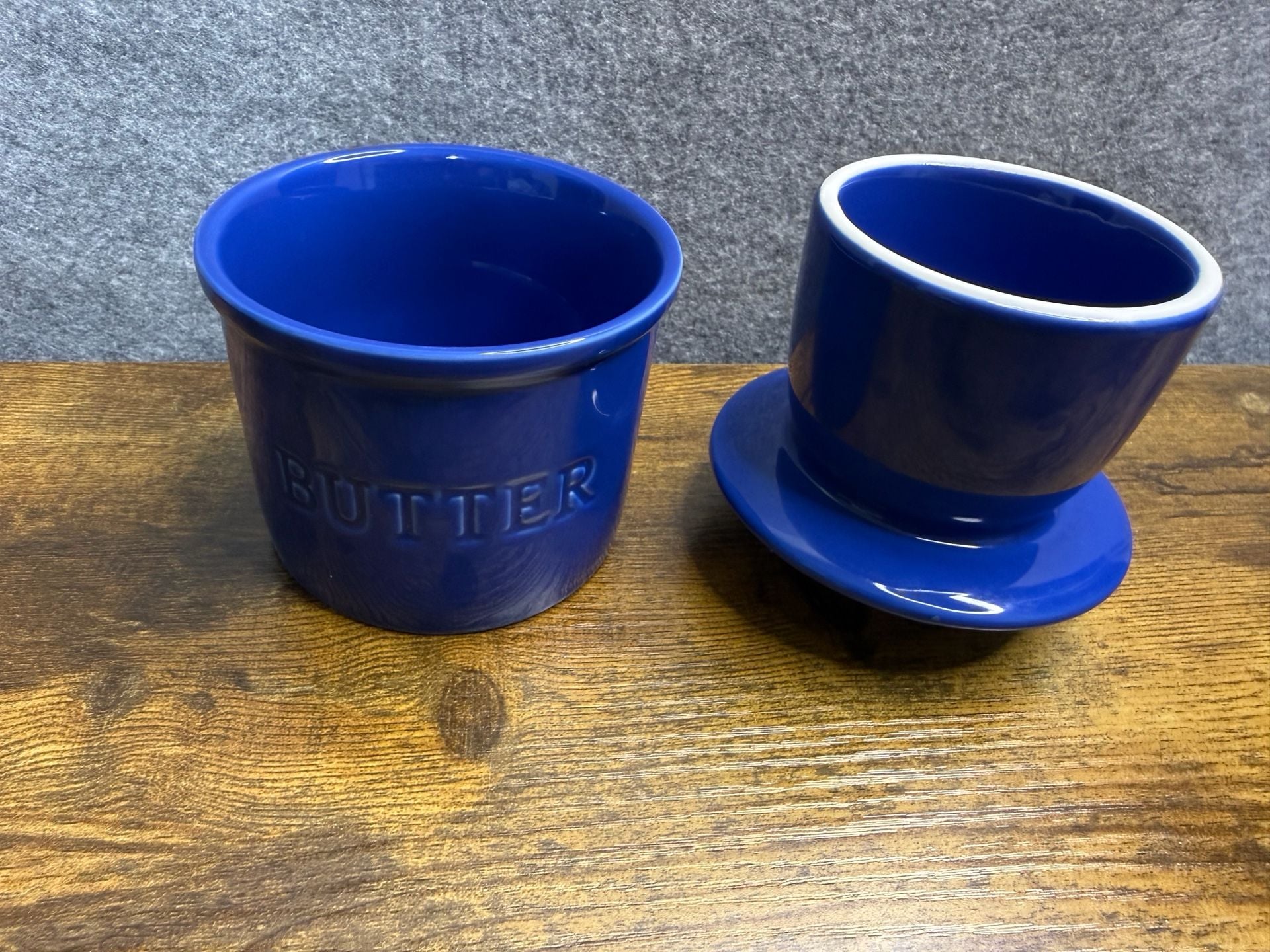 Blue Ceramic Butter Crock French Keeper Bell Deep Blue Embossed 2