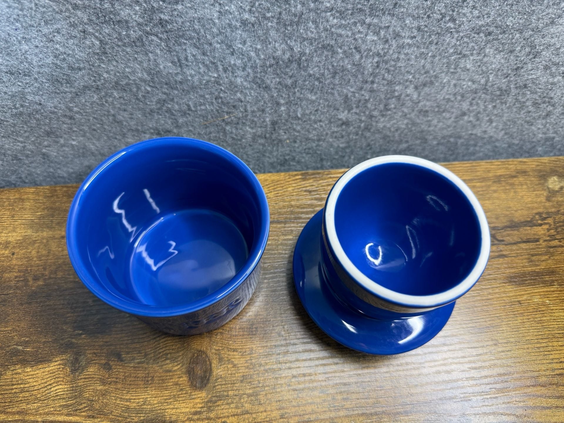 Blue Ceramic Butter Crock French Keeper Bell Deep Blue Embossed 3