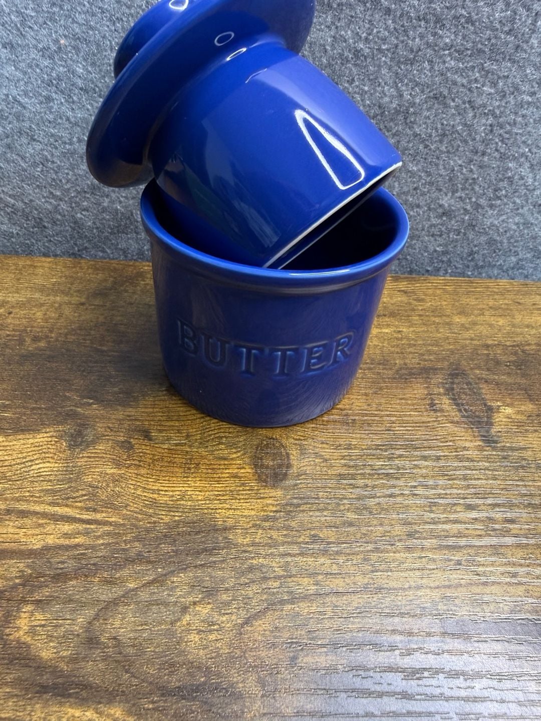 Blue Ceramic Butter Crock French Keeper Bell Deep Blue Embossed 4