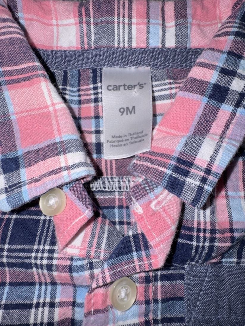 Carter's Plaid Romper Size 9M Pink Blue Short Sleeve Button Front 3