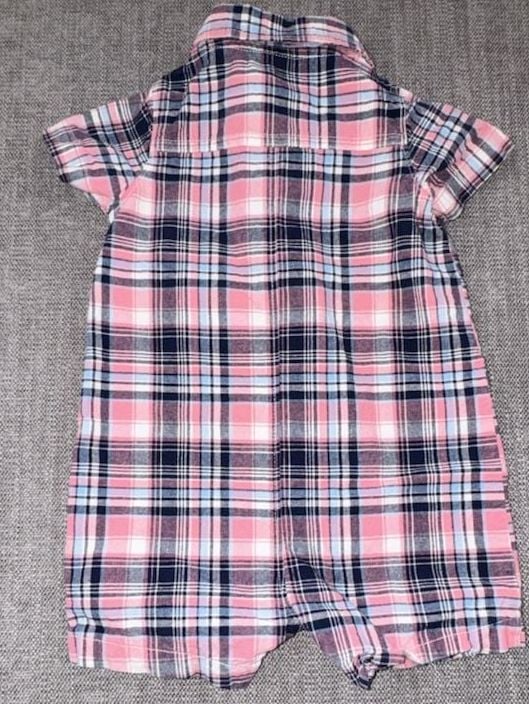 Carter's Plaid Romper Size 9M Pink Blue Short Sleeve Button Front 6