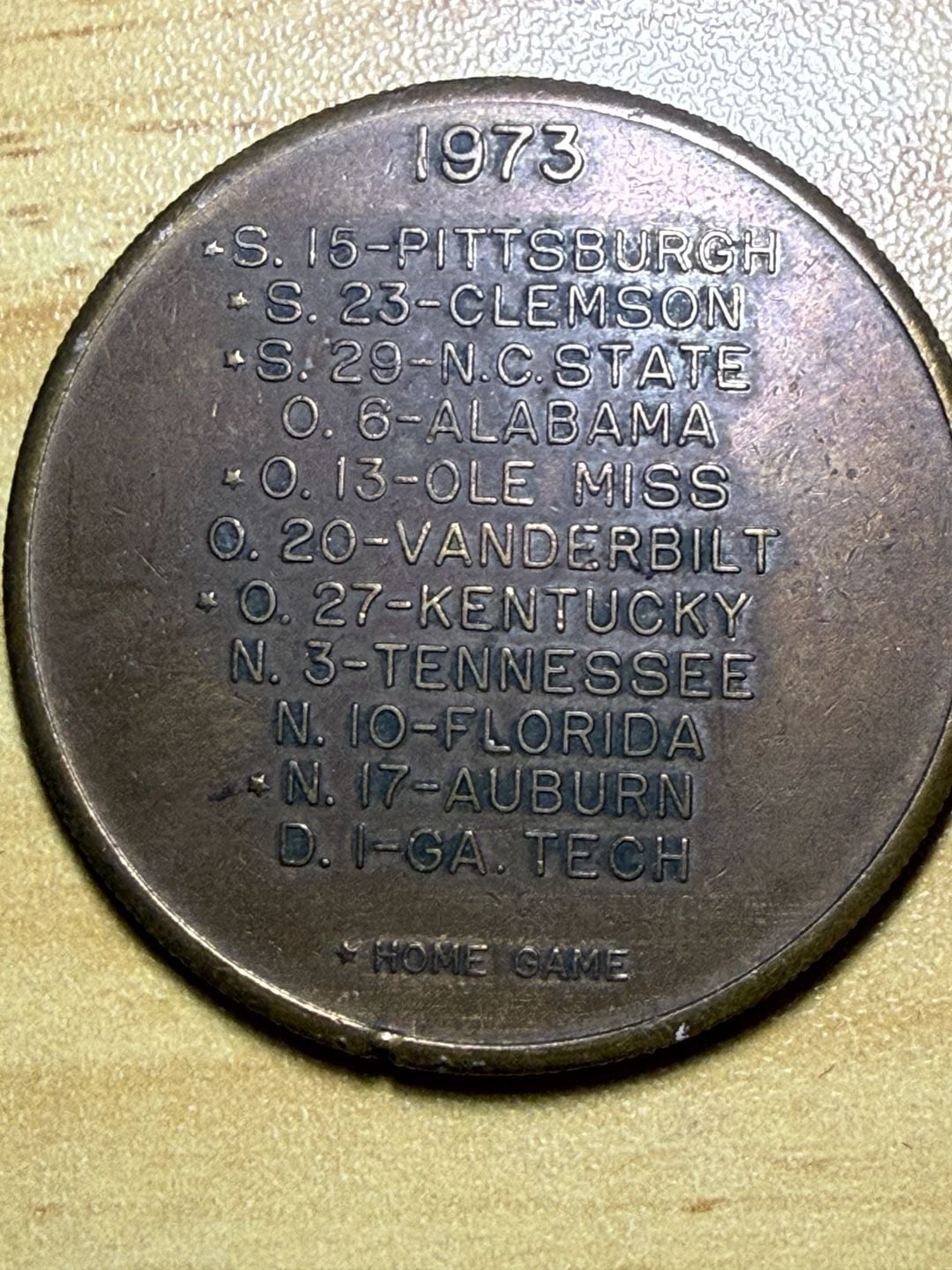 Vintage 1973 Georgia Football Schedule Token Medallion 2