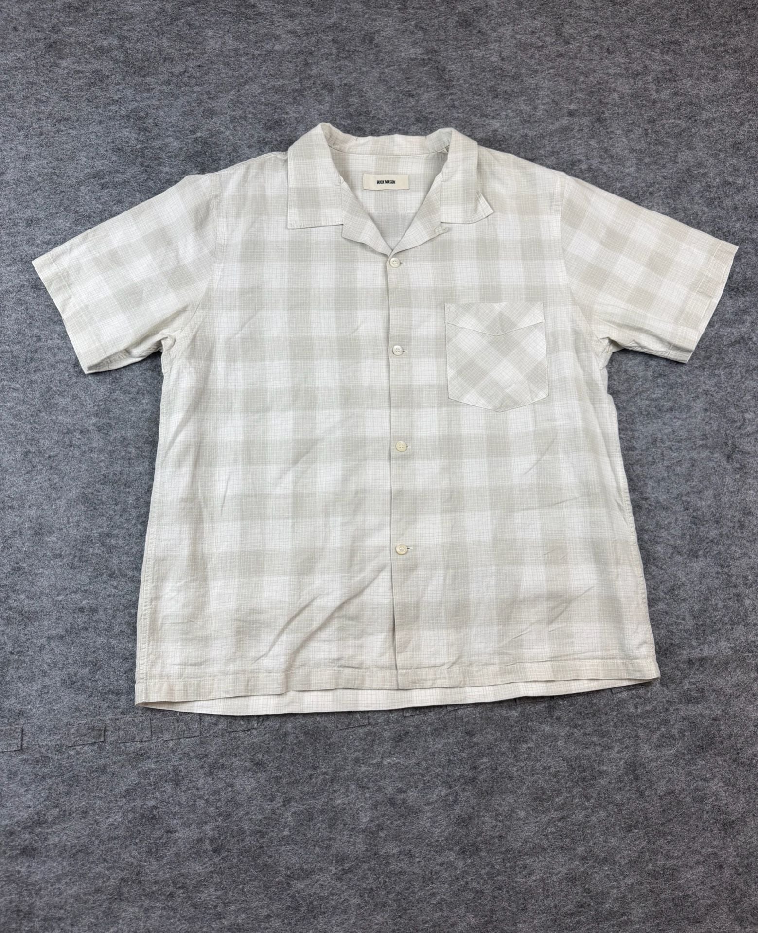 Buck Mason Short Sleeve Camp Shirt Size Large Beige Plaid Linen Cotton 2