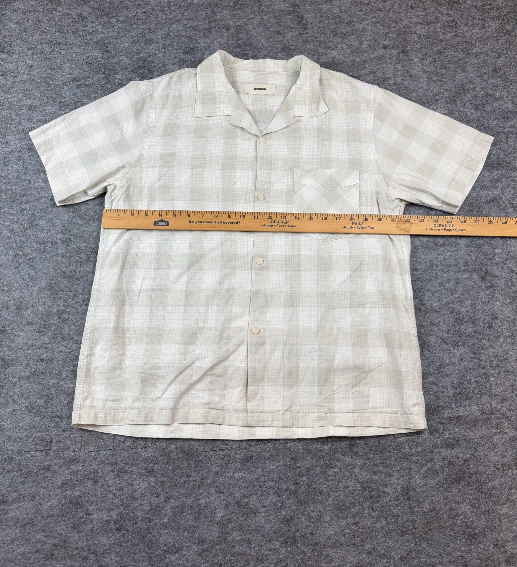 Buck Mason Short Sleeve Camp Shirt Size Large Beige Plaid Linen Cotton 6