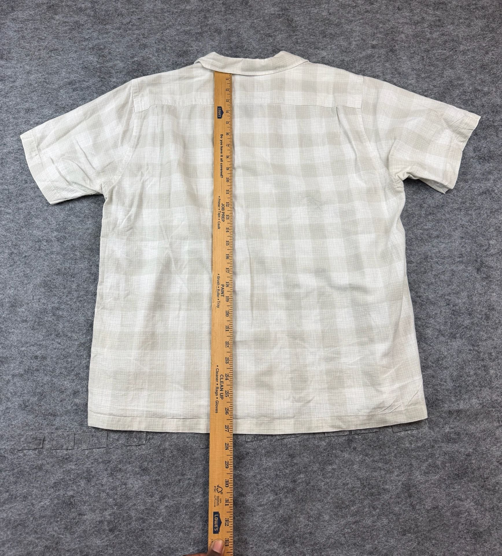 Buck Mason Short Sleeve Camp Shirt Size Large Beige Plaid Linen Cotton 7