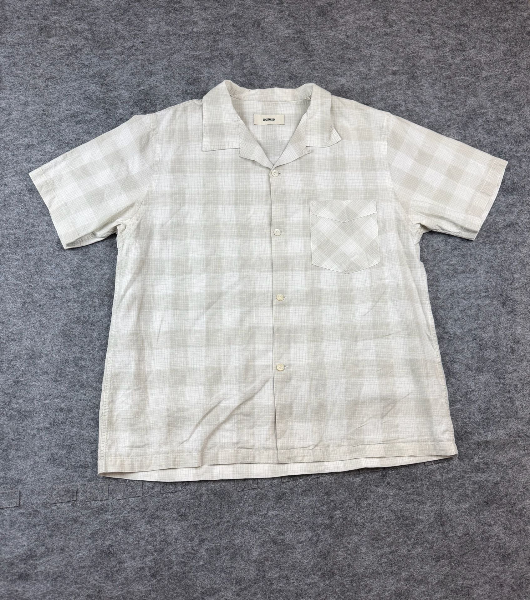 Buck Mason Short Sleeve Camp Shirt Size Large Beige Plaid Linen Cotton 10