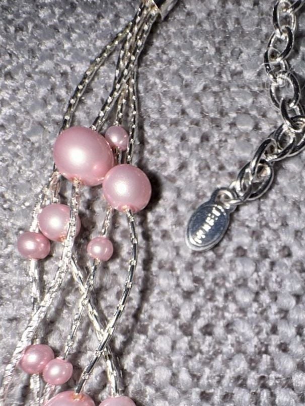 Monet Pink Faux Pearl Multi Strand Silver Tone Necklace 3