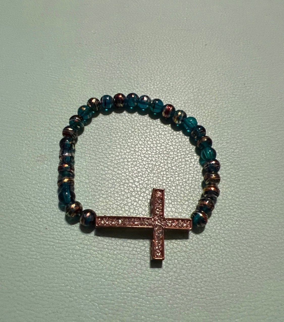 Beaded Cross Stretch Bracelet Blue and Rose Gold 2