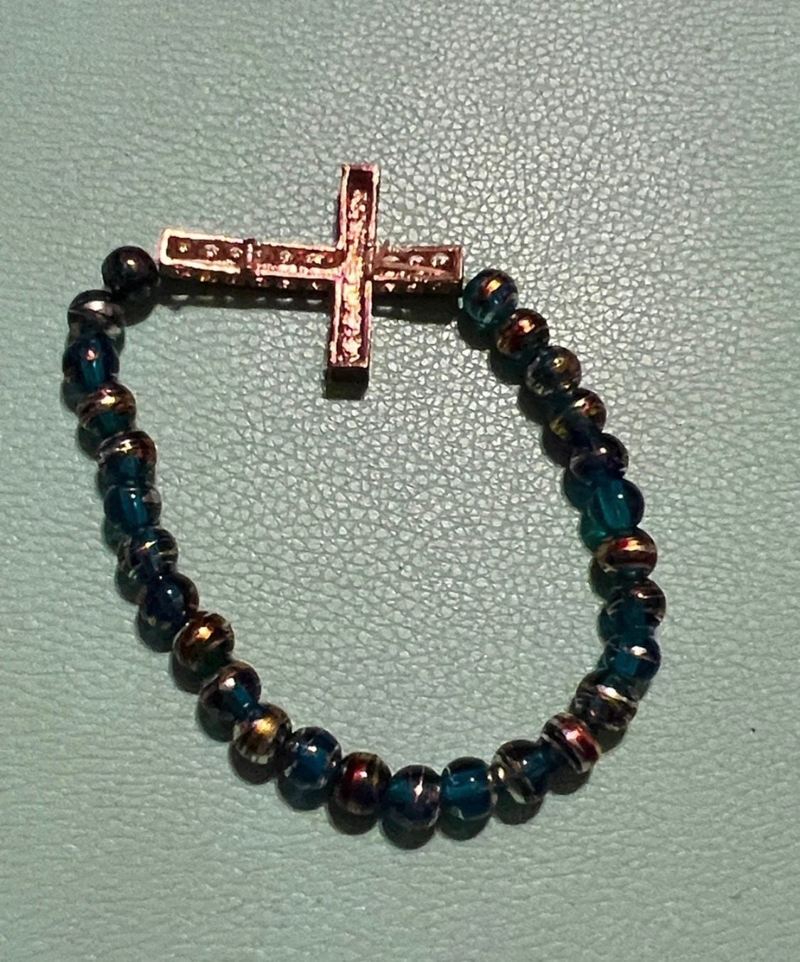 Beaded Cross Stretch Bracelet Blue and Rose Gold 3