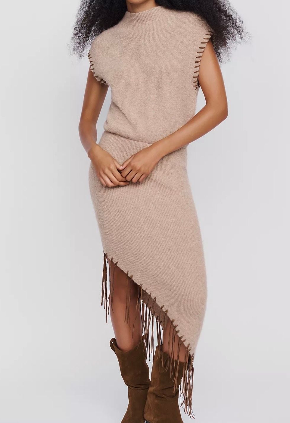 Saylor Senna Sweater Dress Size S Taupe Fringe Mock Neck Size Small 2