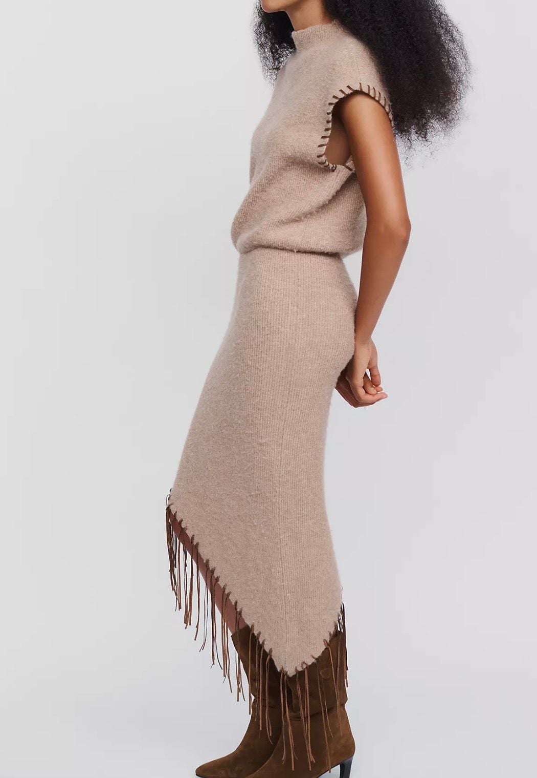 Saylor Senna Sweater Dress Size S Taupe Fringe Mock Neck Size Small 4