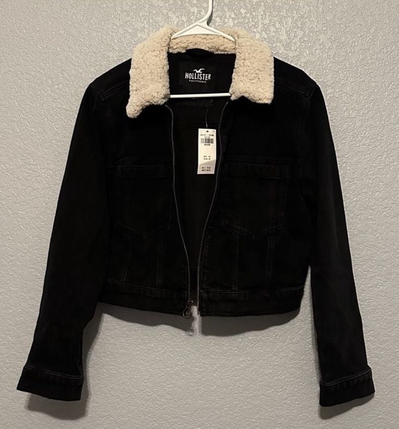 NEW Hollister Sherpa Collared Trucker Denim Jacket Size M Black 2