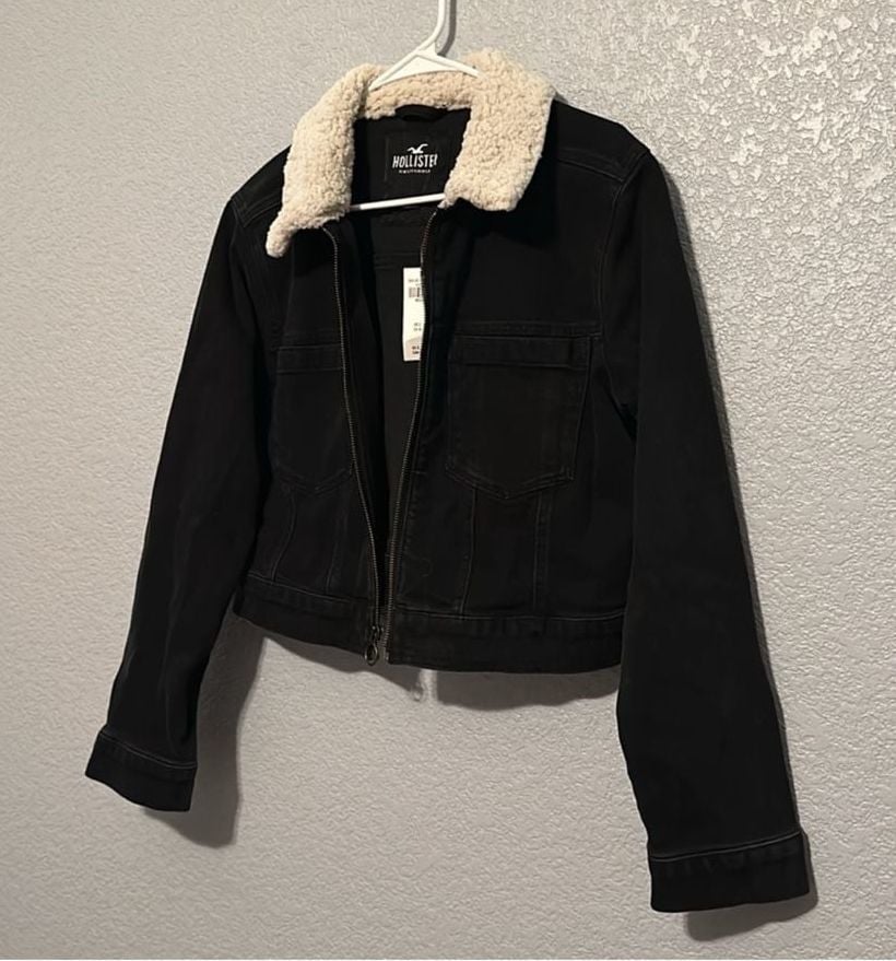 NEW Hollister Sherpa Collared Trucker Denim Jacket Size M Black 3