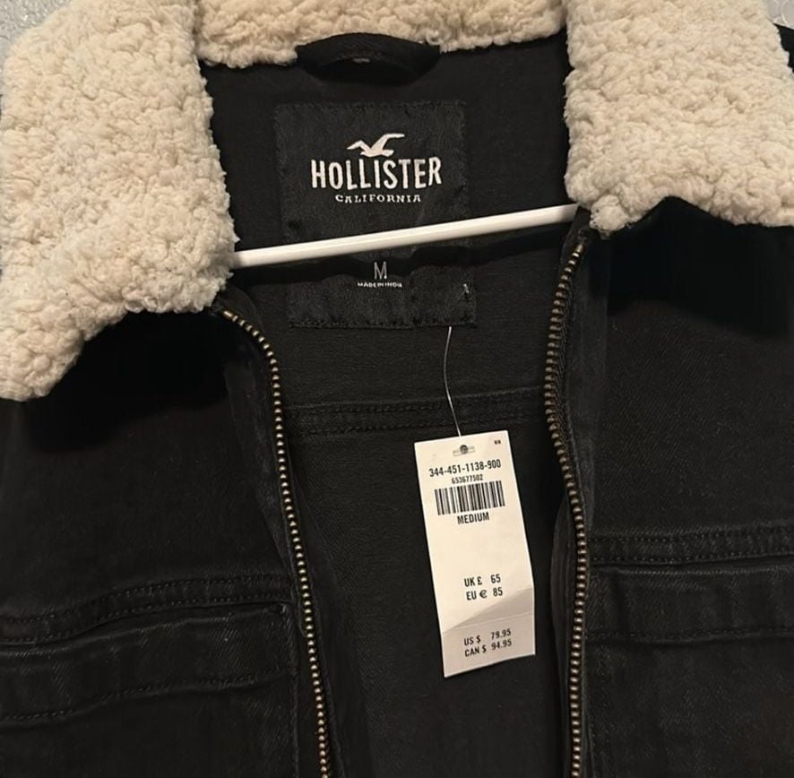 NEW Hollister Sherpa Collared Trucker Denim Jacket Size M Black 4