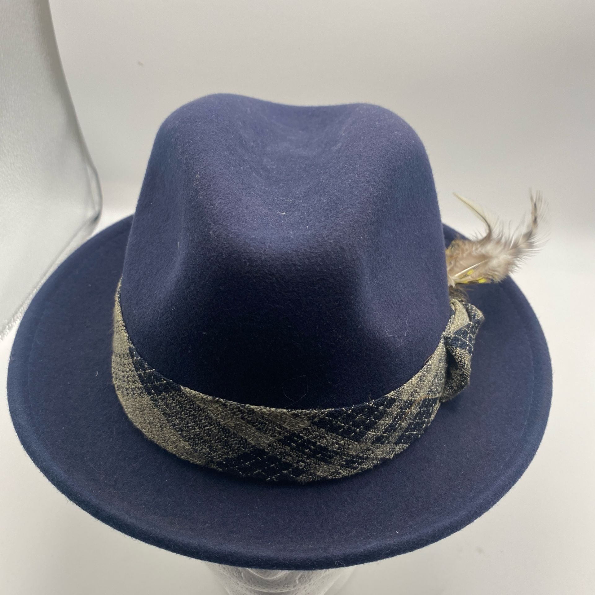 Montique International Fedora Hat Size S Blue Plaid Band Feather 2