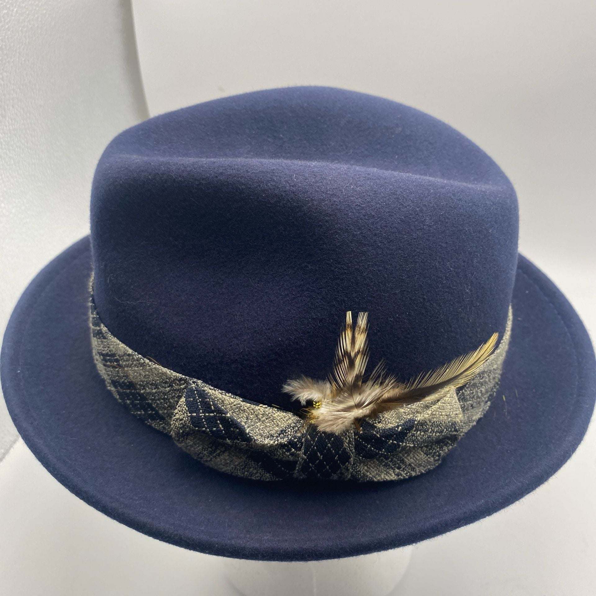 Montique International Fedora Hat Size S Blue Plaid Band Feather 3