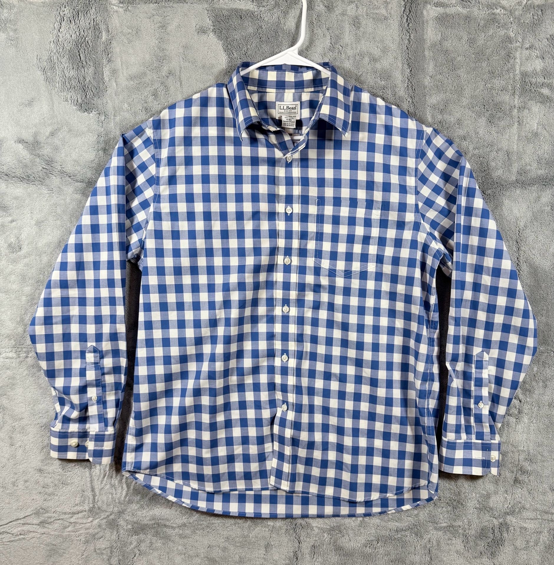 L.L.Bean Button-Up Shirt M-REG Blue White Gingham Traditional Fit Cotton 2