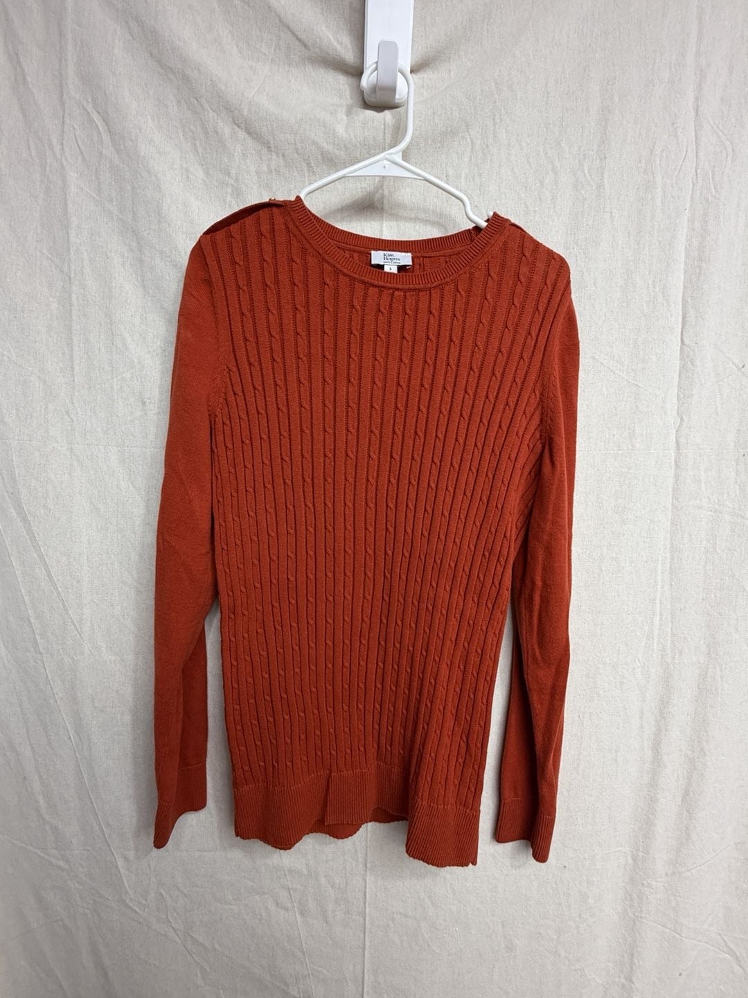 Kim Rogers Cable Knit Sweater Size S Rust Orange Cotton Shoulder Buttons 2