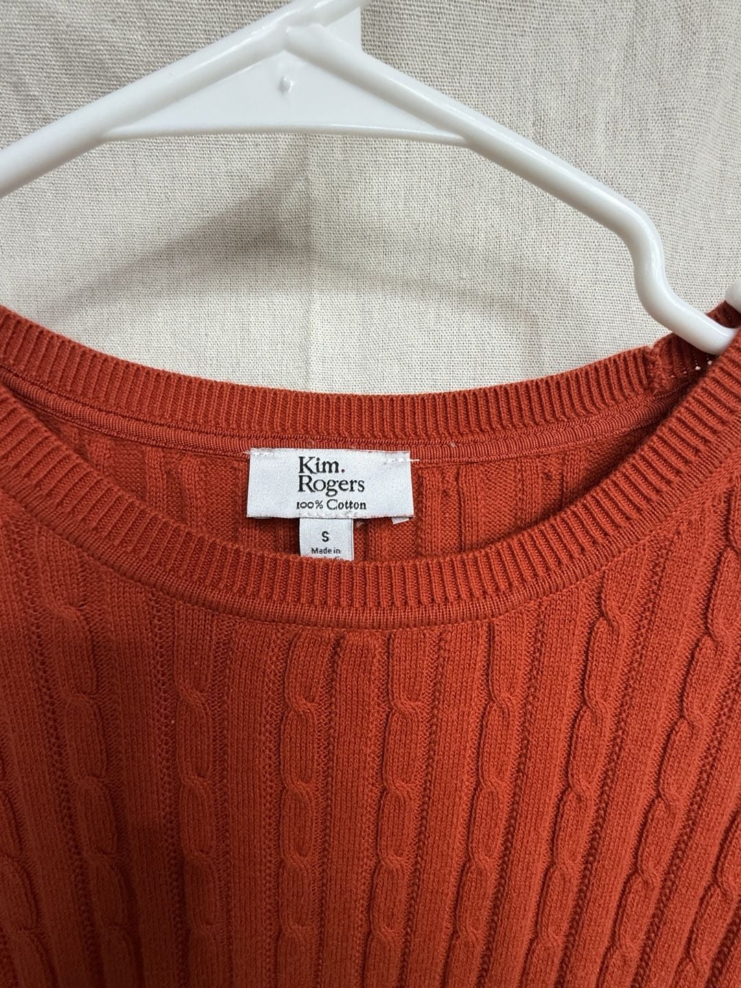 Kim Rogers Cable Knit Sweater Size S Rust Orange Cotton Shoulder Buttons 3