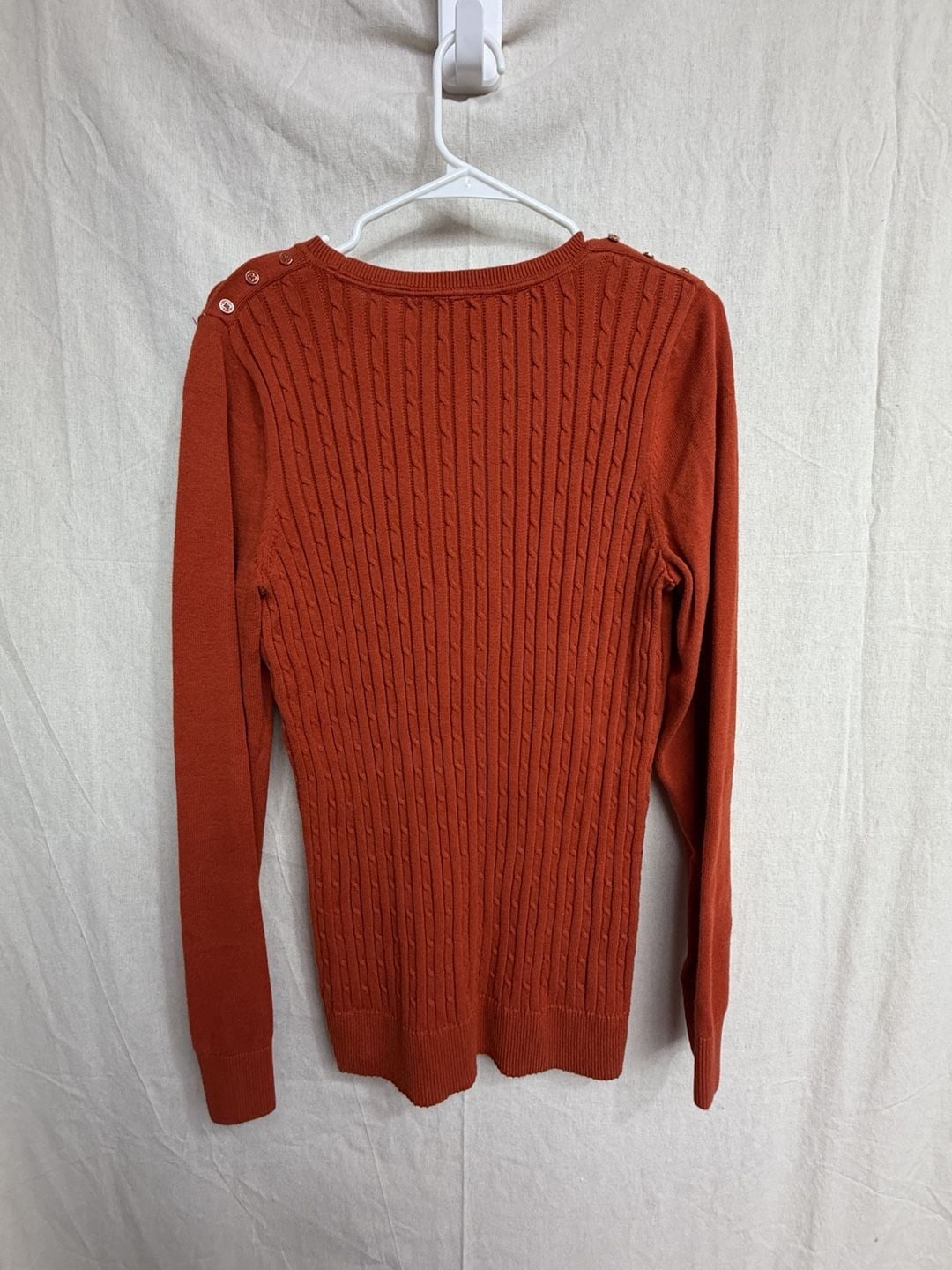Kim Rogers Cable Knit Sweater Size S Rust Orange Cotton Shoulder Buttons 6