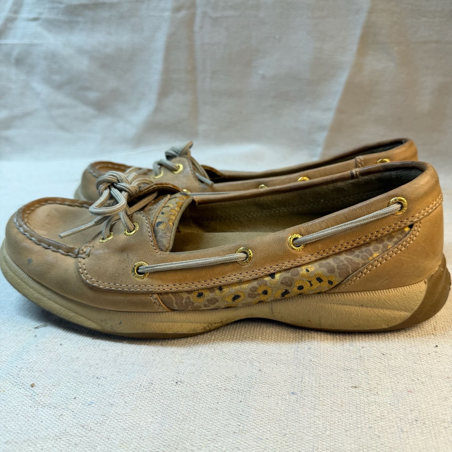 Sperry Angelfish Boat Shoes Tan Leopard Metallic Leather 7
