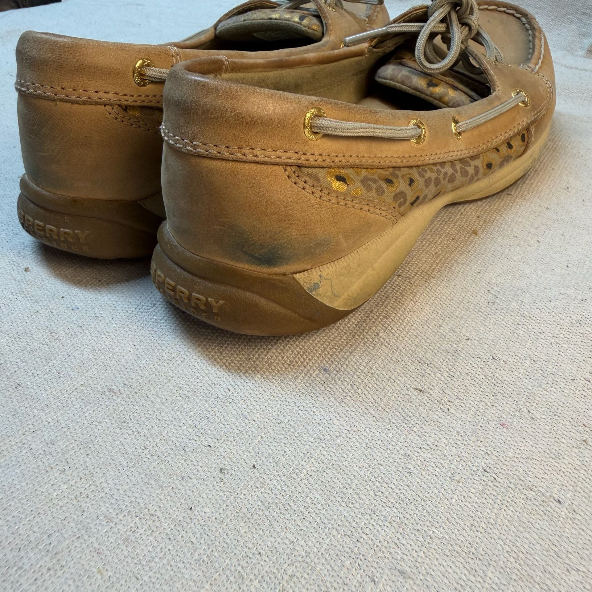Sperry Angelfish Boat Shoes Tan Leopard Metallic Leather 8