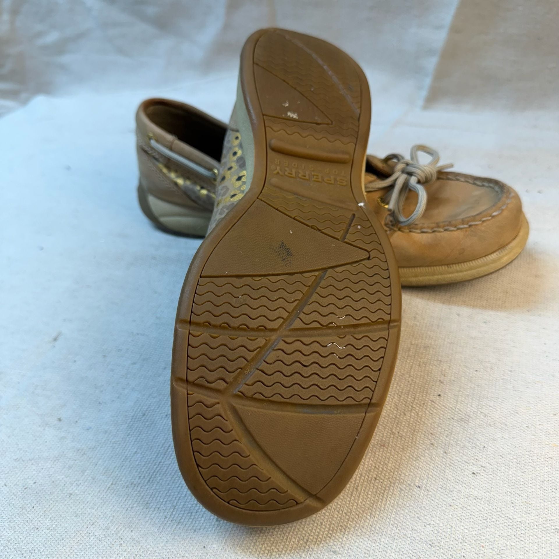 Sperry Angelfish Boat Shoes Tan Leopard Metallic Leather 10