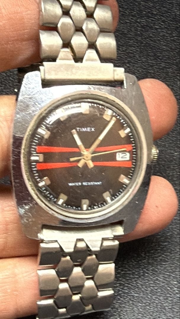 Timex Vintage Mechanical Watch Red Racing Stripe Black Dial Cushion 3