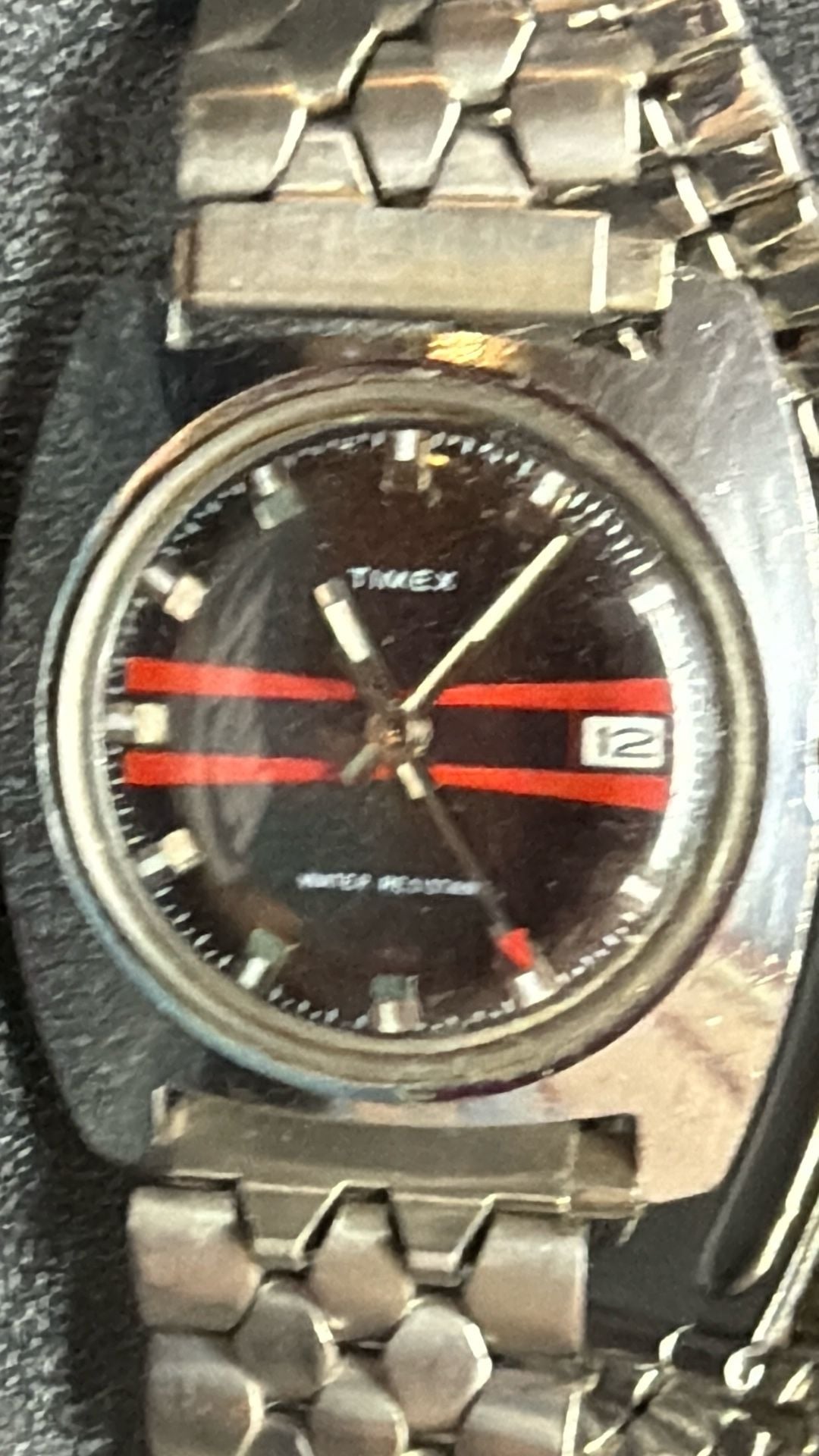 Timex Vintage Mechanical Watch Red Racing Stripe Black Dial Cushion 7
