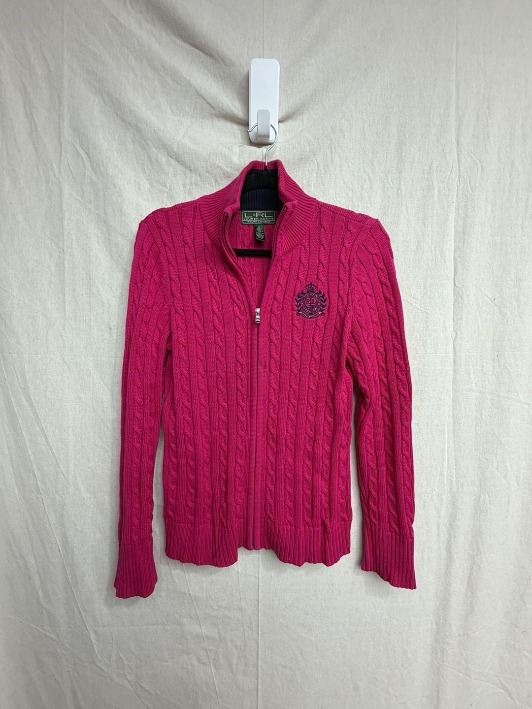 Y2K Lauren Active Ralph Lauren Full-Zip Cable Knit Sweater Size S Pink Crest Preppy 2