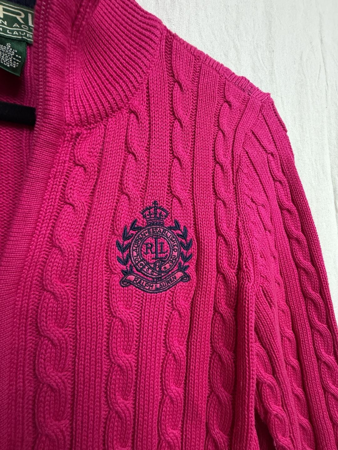 Y2K Lauren Active Ralph Lauren Full-Zip Cable Knit Sweater Size S Pink Crest Preppy 3