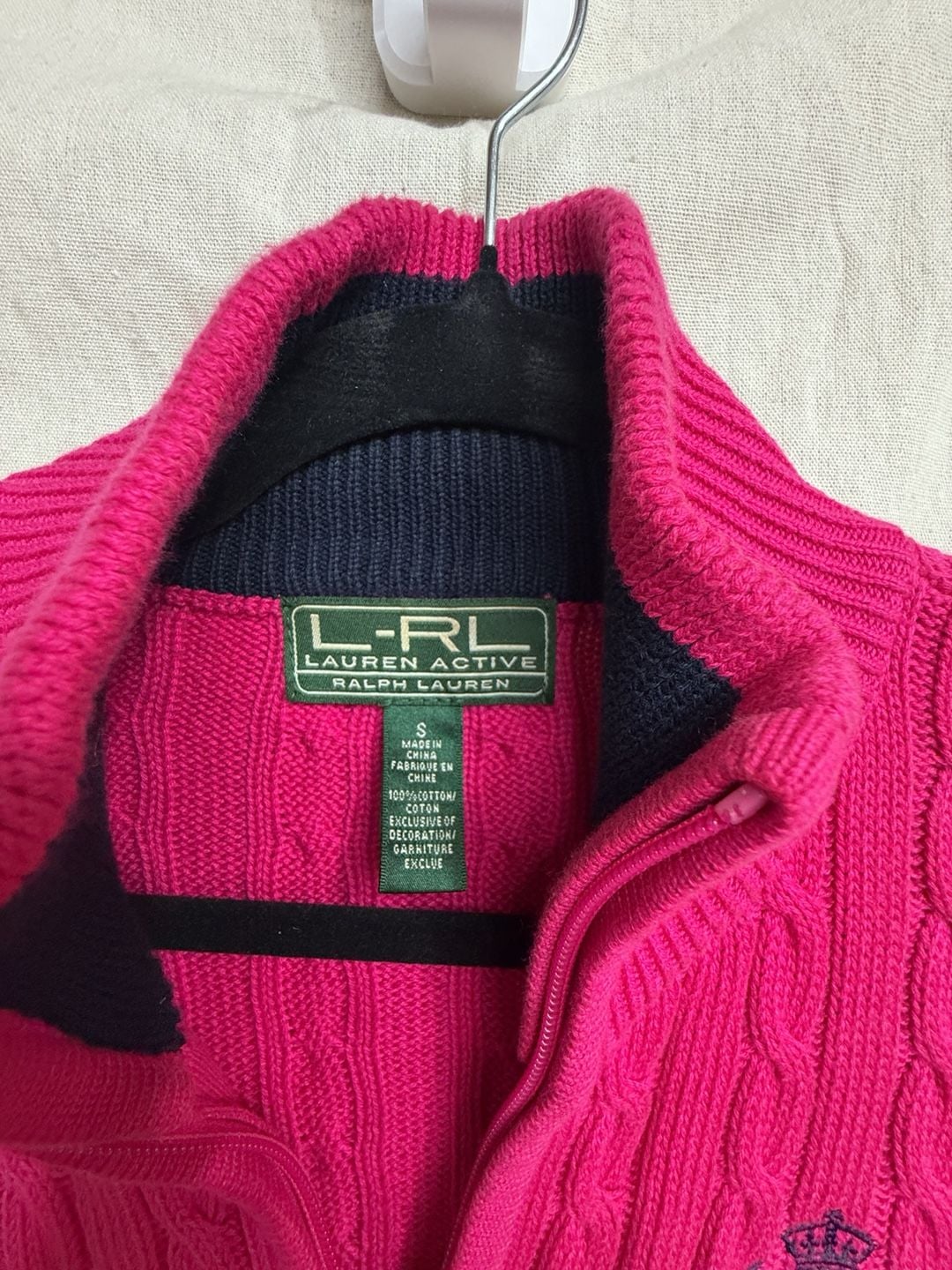 Y2K Lauren Active Ralph Lauren Full-Zip Cable Knit Sweater Size S Pink Crest Preppy 4