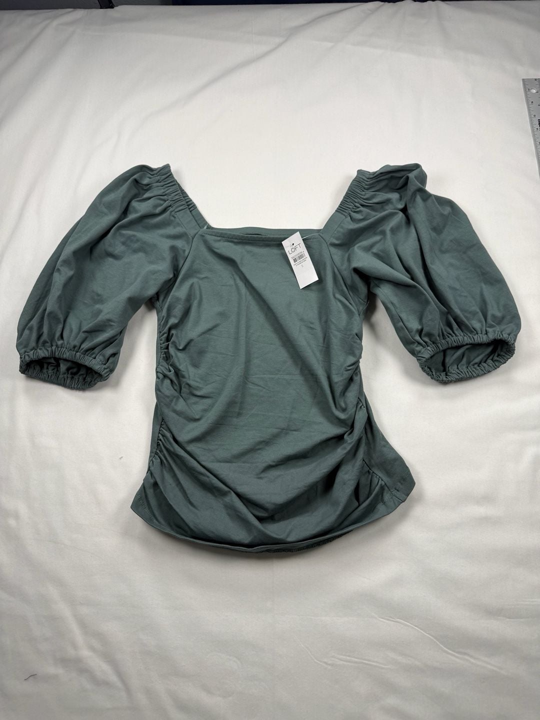 Loft Ruched Bubble Sleeve Top Size S Green Square Neck 2