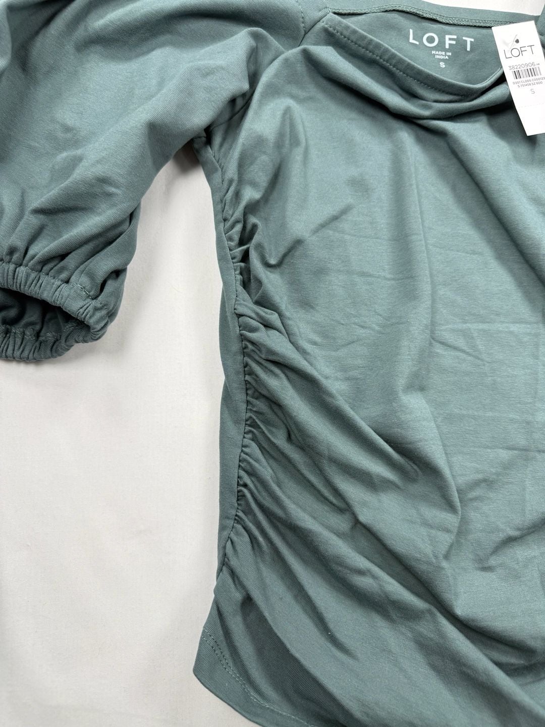 Loft Ruched Bubble Sleeve Top Size S Green Square Neck 5