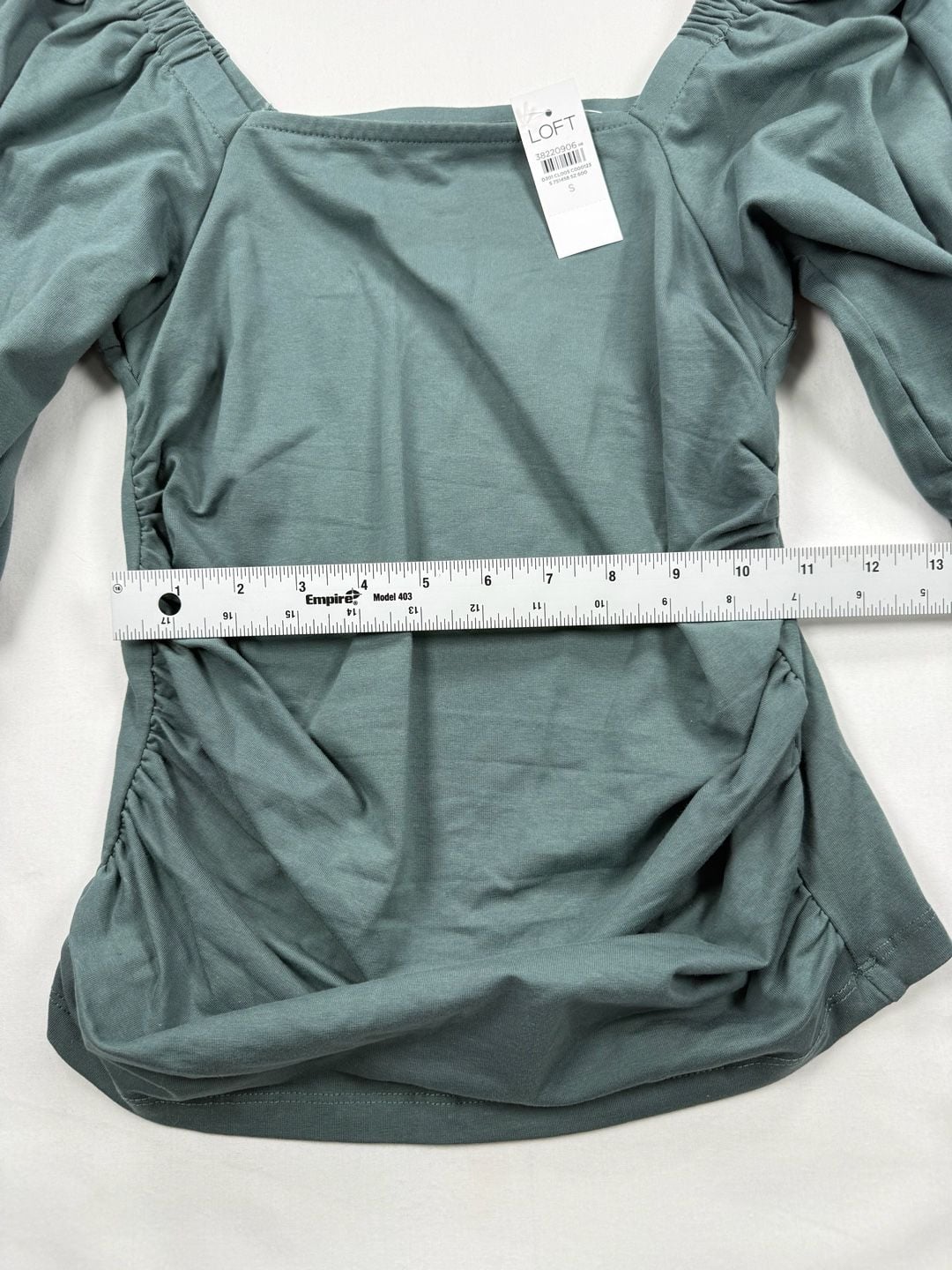 Loft Ruched Bubble Sleeve Top Size S Green Square Neck 6